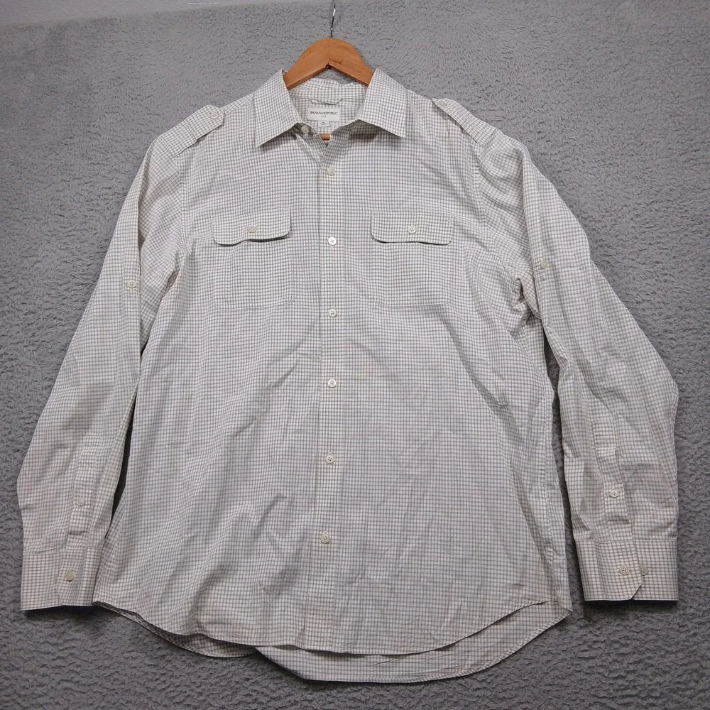 Banana Republic‎ Check Shirt Men's XL Beige Green Plaid Long Sleeve Cotton